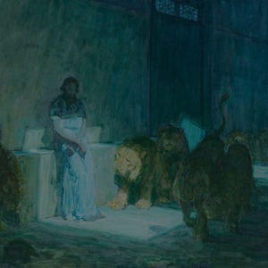 May include: An oil painting depicting a scene with figures and animals in muted tones of blue, green, and brown. The artwork is framed and hangs on a teal wall. The room also features a white shelf with plants, a gray chair, and a small side table.