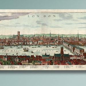View of London from the South (1638) Canvas Wall Art/Old London City Map Poster Print/Map Painting/High Quality Print/Panoramic Wall Decor/7
