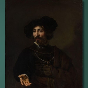 May include: A framed portrait of a man in dark clothing and a hat, with a gold chain. The painting is displayed on a teal wall. A white shelf with plants, a grey chair, and a side table are in the room.