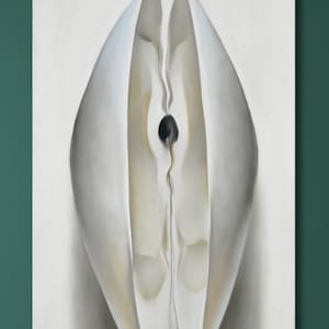 Puede incluir: Una pintura abstracta vertical grande con una forma central blanca en forma de pétalo sobre un fondo claro. Una pequeña forma circular oscura está en el centro. La obra de arte se exhibe en una pared verde.