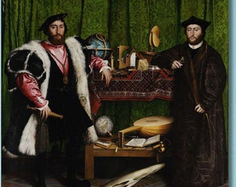 May include: A square wall art print featuring a reproduction of The Ambassadors painting by Hans Holbein the Younger. The artwork depicts two men standing on either side of a table covered with scientific instruments, a lute, and a skull.