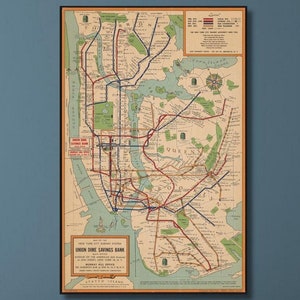 Carte du métro de New York (1954) oeuvre d'art murale sur toile/affiche du vieux New York/impression carte de New York/peinture carte/impression haute qualité/affiche plan du métro/3