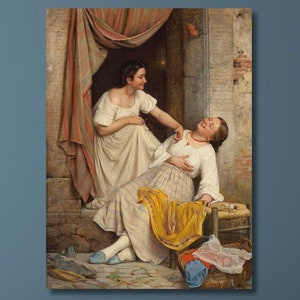 Carl Bloch: Two Laughing Girls (1865) Canvas Wall Art/Two Smiling Girls Poster Print/Vintage Painting/Wrapped or Framed Giclee Wall Art/2