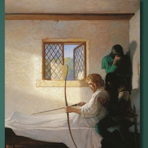 May include: A framed painting depicts a scene with a person in a white garment drawing a bow, with two figures observing. The setting is a room with a window, and the artwork has a warm, historical aesthetic.