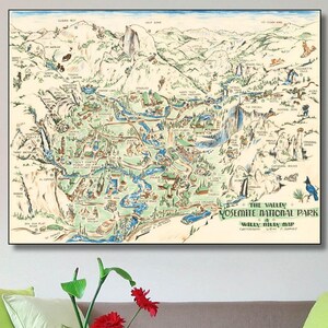 Kaart The Valley Yosemite National Park (1946) canvas kunst/kaart poster/Yosemite Valley kaart print/verpakt of ingelijste giclee muurkunst/kaart schilderij