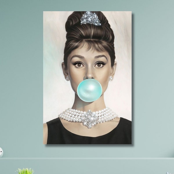 Audrey Hepburn Bubble Gum Canvas/Hollywood Star/Fashion Icon Print/Movie Star/Famous Actress Poster/Wall Art Gift/Digital Print Painting/1