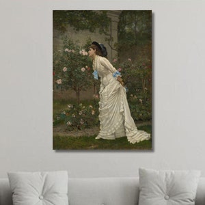 Auguste Toulmouche: Mujer y rosas (1879) Lienzo decorativo para pared, póster de género, pintura artística, decoración de pared, regalo de bellas artes, impresión de alta calidad (1)
