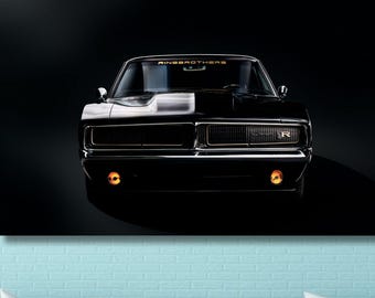 Lienzo decorativo para pared de un Dodge Charger R/T 1969 negro, impresión de un muscle car vintage, póster de un auto clásico americano para garaje, cueva de hombre u oficina/2