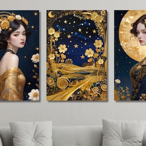 Set Of 3 Starry Night And Woman Canvas/Van Gogh Inspired Wall Art/Modern Abstract Painting/Bedroom Living Room Decor/Gold Flowers Poster/1