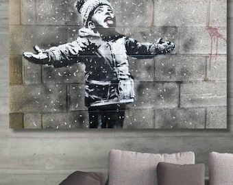 Banksy Snowfall Canvas Wall Art/banksy Little Boy and Snow