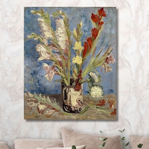 Vincent Van Gogh: Jarrón con gladiolos de jardín y ásteres chinos, lienzo para pared, póster de alta calidad, pintura, obra de arte con flores, impresiones de flores, 9