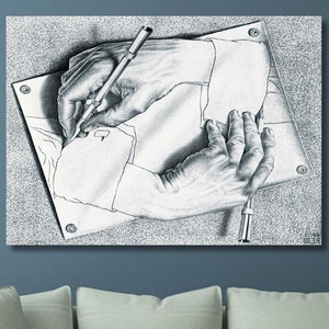 Maurits Cornelis Escher: Manos dibujando (1948) Lienzo de arte/Impresión de alta calidad/Arte de pared de Escher/Pintura moderna/Póster de pájaros blancos y negros/10