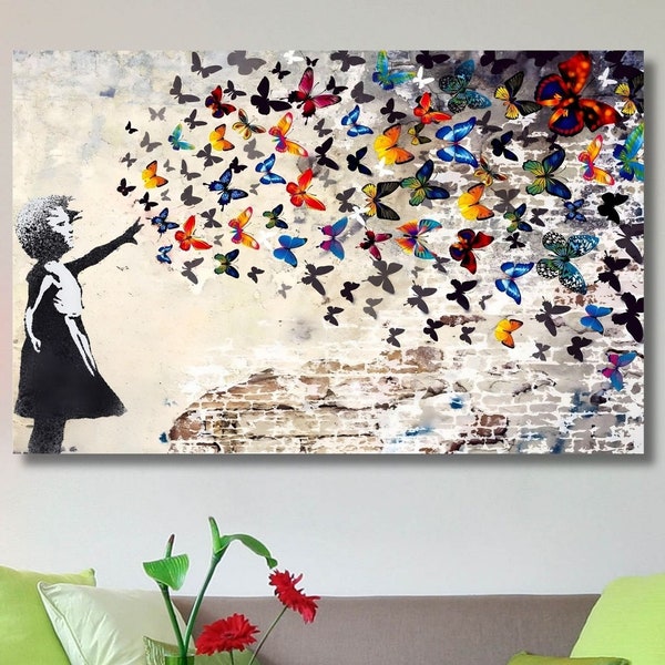 Banksy: Butterflies with Girl Poster, Colorful Canvas, Banksy Wall Art, Modern Street Graffiti, Street Art, Banksy Print, Banksy Poster Gift
