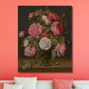 Jacob van Hulsdonck: rosas en un jarrón de cristal, lienzo, póster, pintura de flores, impresiones de flores, póster de rosas, impresión de arte vintage (1)