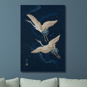 Gru volanti su tela/Decorazione murale con pittura giapponese/Illustrazione artistica/Opere d'arte asiatiche/Poster di uccelli gru/Regalo giapponese/Stampa di riproduzione/1