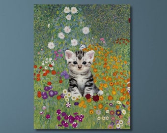 グスタフ・クリムトの庭の猫のプリント、クリムトの花の猫のポスター