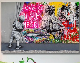 Martin Whatson Banksy Canvas Behind the Curtain/Banksy Wall Art/Urban Style/Modern Street Art Print/Graffiti Poster Gift/Banksy Painting/11
