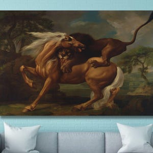 George Stubbs: A Lion Attacking a Horse (1762) Canvas Art/High Quality Print/Horse Wall Decor/Horse and Lion Painting/Animal Poster Gift/2