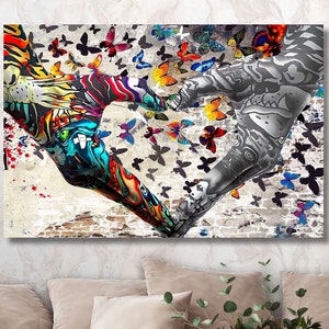 Heart Sign with Hands/Graffiti Canvas Painting/Hands Print/Banksy Graffiti/Modern Wall Art/Home Decor/Butterfly Poster/Banksy Pop Art Gift/7