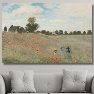 May include: A painting of a field of red poppies with two figures walking through the field. The sky is blue with white clouds. The field is green and the figures are wearing blue and white clothing.