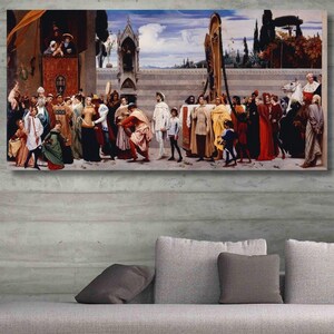 May include: A painting depicting a procession of people in Renaissance clothing. The scene is set in a city square with buildings and a large, ornate structure in the background. The people are dressed in colorful robes and gowns, and some are carrying flags or banners.