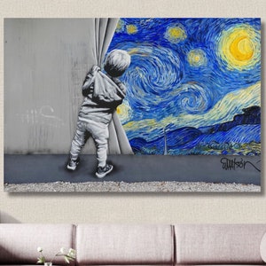 Lienzo de Martin Watson Banksy Van Gogh detrás de la cortina/Arte mural de Banksy/Estilo urbano/Arte callejero moderno/Póster impreso de Banksy/Pintura de Banksy/10