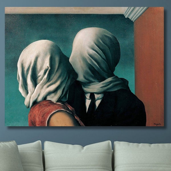 Rene Magritte Lovers Canvas Wall Art/Magritte Poster/Magritte Artwork/Lovers Painting/Kissing Couple Art/Digital Print Kiss/Surrealism Art/6