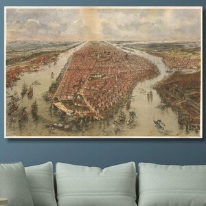 New York und Umgebung aus der Vogelperspektive (1865) Leinwand Wandkunst/Altes New York Poster/New York Karte Druck/Kartenmalerei/Hochwertiger Druck/2