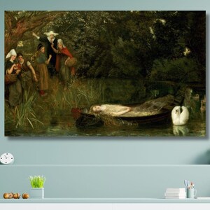May include: A painting depicting a woman lying in a boat on a river, surrounded by trees and a group of people. A white swan is swimming in the water.