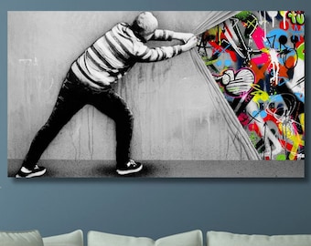 Martin Whatson Banksy Canvas Behind the Curtain/Banksy Wall Art/Urban Style/Modern Street Art Print/Graffiti Poster Gift/Banksy Painting/37