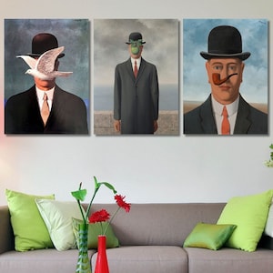 Set of 3 Rene Magritte Canvas Wall Art/Magritte Poster/Magritte Artwork/Painting/Digital Print/Office Decor/Surrealism/Man in Hat Gift/10