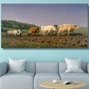 Rosa Bonheur: Ploughing in Nevers (1849) Canvas Wall Art/Oxen Ploughing Painting/Famous Artwork Posters/Home Wall Decor/Oxen Print Gifts/2