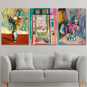 Juego de 3 lienzos de Henri Matisse para pared, impresión de jarrón de flores, pintura al óleo colorida, obra de arte imprimible, arte digital de flores, póster de arte de ventana, 1