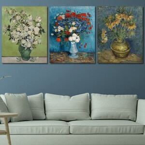 Juego de 3 lienzos decorativos para pared de Vincent Van Gogh/Jarrón de flores/Póster de alta calidad/Pintura al óleo de flores/Obra de arte imprimible/Impresión de regalo de flores/3