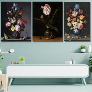 Juego de 3 lienzos decorativos para pared de Balthasar van der Ast: flores en un jarrón con conchas e insectos, impresión de flores, póster de belleza de verano, obra de arte