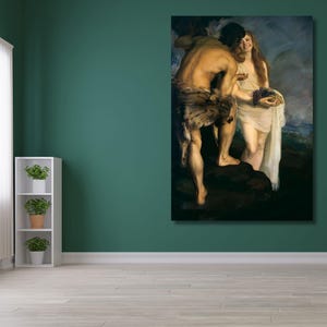 Puede incluir: Una pintura de un hombre y una mujer de pie en un bosque. El hombre lleva un taparrabos de piel y la mujer lleva un vestido blanco. La mujer lleva una cesta de fruta.