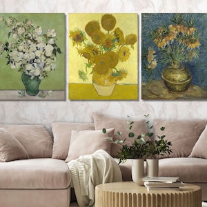 Juego de 3 lienzos de Vincent Van Gogh con diseño de jarrón de flores, póster de alta calidad, pintura al óleo de girasoles, obra de arte imprimible, impresión de regalo de rosas