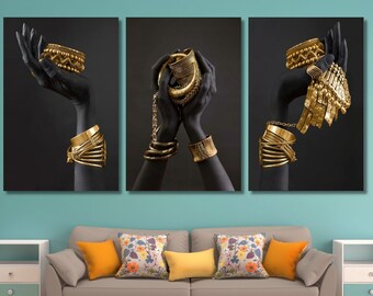 African Black Women With Gold Jewelry Wall Art... From  3 Pcs African American Woman Canvas Wall Art Fashion Bracelets Earrings Necklace display picture 1