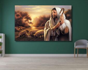 Lienzo de Jesucristo con ovejas / Lámina de arte cristiano para pared / Regalo de decoración religiosa del Buen Pastor / 44