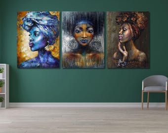 Set Of 3 African Woman Canvas/African Girl Print/African Women Wall Art/Woman Canvas Poster/African Painting/African Woman Wall Decor/Gift/
