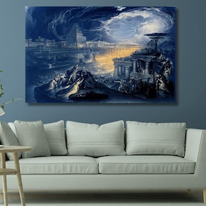 May include: A rectangular wall art print featuring a dark blue, dramatic landscape painting of an ancient city with a large ziggurat, classical columns, and a bright golden light illuminating a crowd of figures under a swirling, stormy sky.