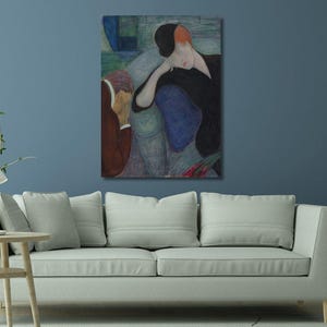 May include: A rectangular wall art print featuring a painting of two figures in a somber composition. One figure wears a black top with reddish hair, resting their head on a hand, while the other figure in a brown coat sits with hands clasped.