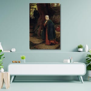 May include: A rectangular wall art print featuring a painting of a person wearing a white head covering, a dark green cloak, and a long red dress, standing near a large tree trunk in a forest setting with another figure visible in the background.