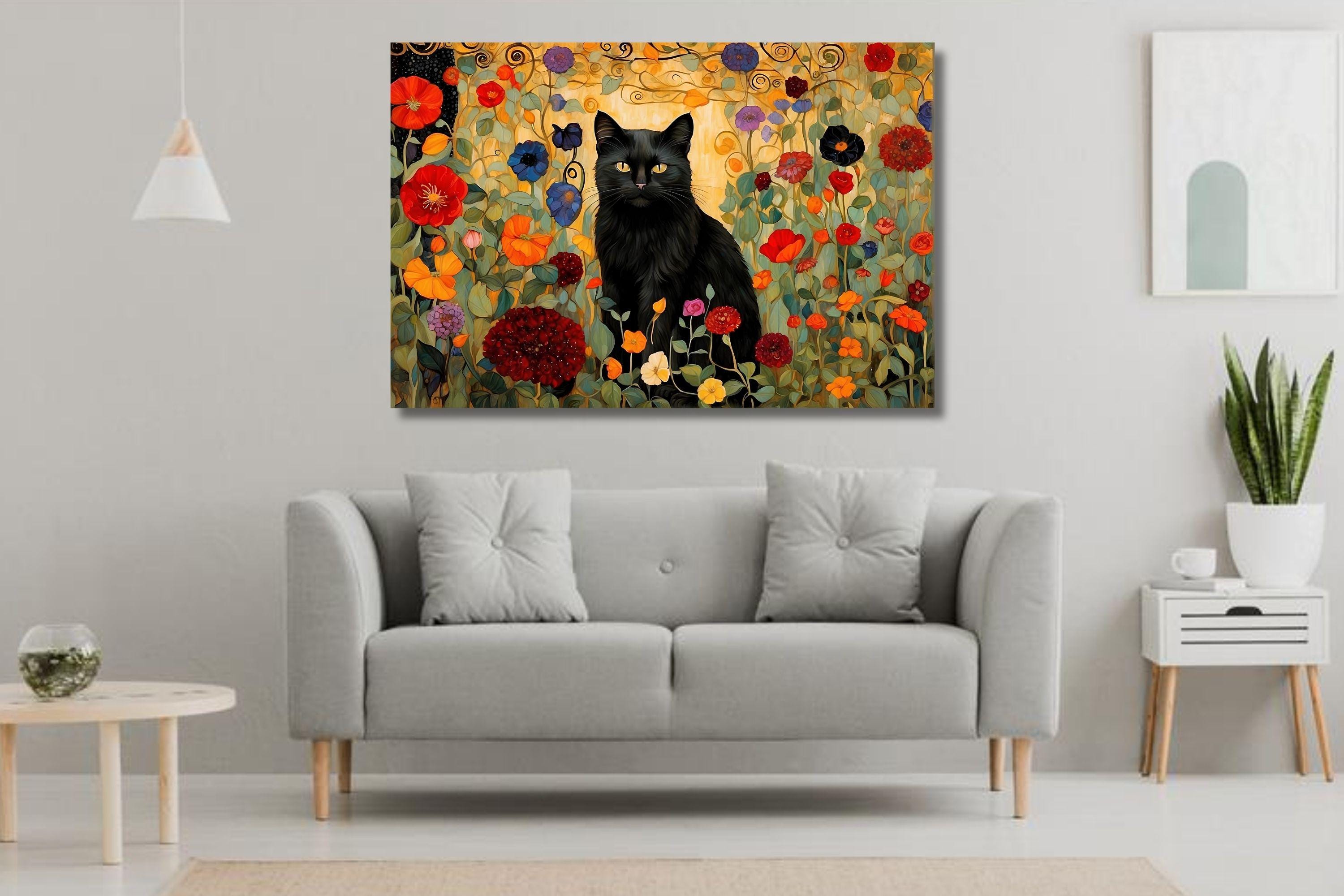 Gustav Klimt Black Cat in the Garden Canvas Art, Cat and Flowers ...