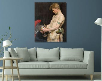 Puede incluir: Una impresión de arte mural rectangular que presenta una pintura al óleo clásica de una persona de piel clara, sin camisa y con cabello rubio, sosteniendo un casco metálico con una cresta roja. La figura lleva una prenda de piel.