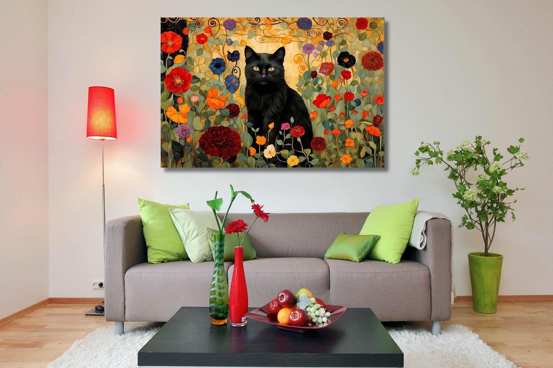 Gustav Klimt Black Cat in the Garden Canvas Art, Cat and Flowers ...