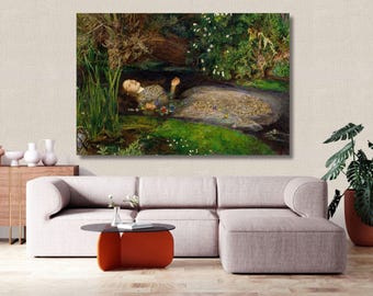 May include: A rectangular wall art print depicting the painting Ophelia by John Everett Millais. The artwork shows a figure lying in a stream surrounded by lush green vegetation, tall reeds, and white flowers, with a detailed floral dress.