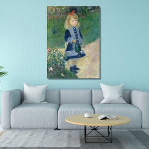 May include: A rectangular wall art print featuring an impressionist painting of a young child with blonde hair, wearing a dark blue coat with white lace trim and a red hair bow, standing on a garden path surrounded by green foliage and flowers.