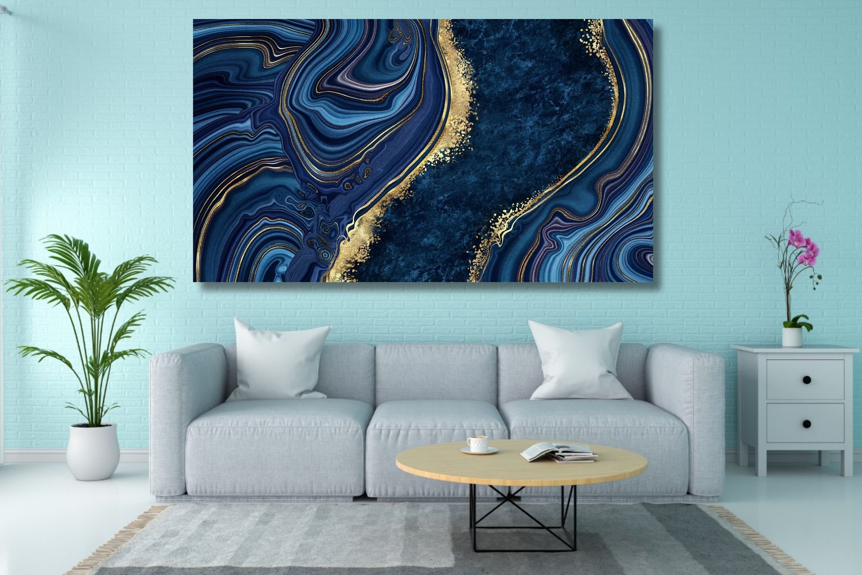 Blue and Yellow Canvas Art, Modern Wall Decoration, Marble Look ...