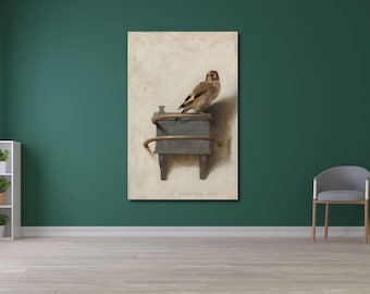 May include: A vertical rectangular wall art print featuring a painting of a small brown and white goldfinch perched on a dark grey wooden box. The box is wrapped with a thin rope and is set against a light cream background with the text C. FABRITIUS 1654.